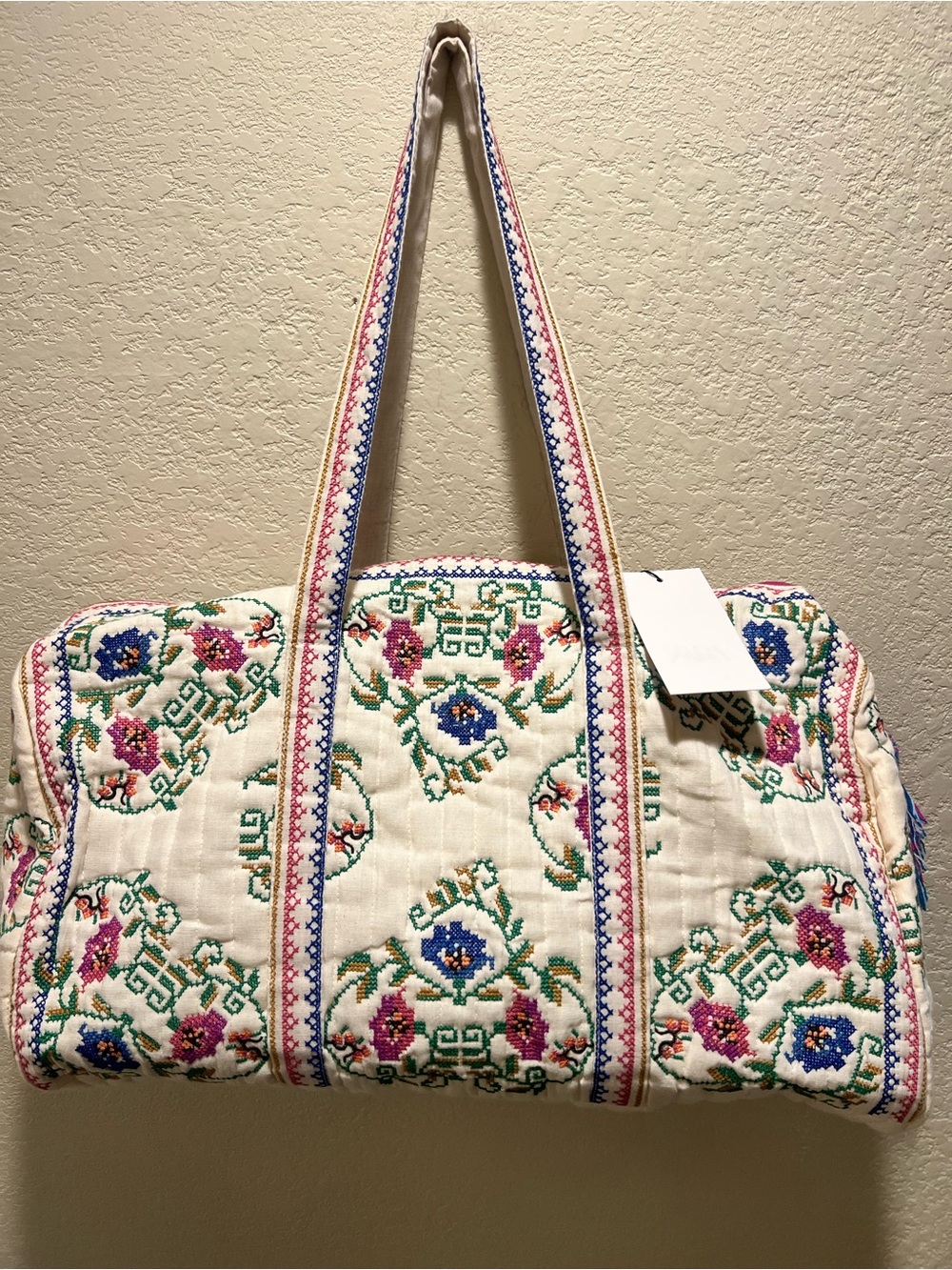 NWT ZARA Embroidered Cross Stitching Quilted Duffle Weekend Travel Bag